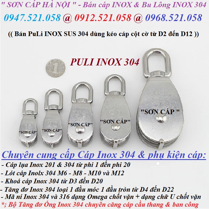 Cung cấp Ròng rọc đơn Inox 304 các cỡ 0913521058 Kim khí THANH SƠN Hà Nội có puly đ