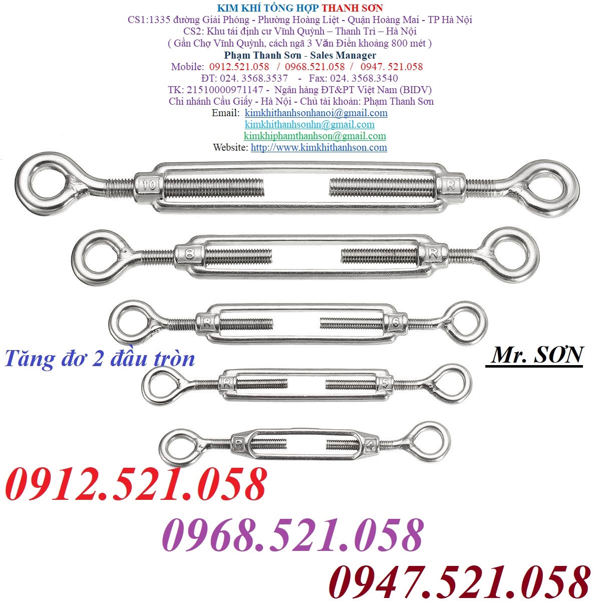 Sẵn tăng đơ hai đầu tròn Inox 304 D12,10,8,16 đây 0947521058 Kim khí vật tư Thanh Sơ