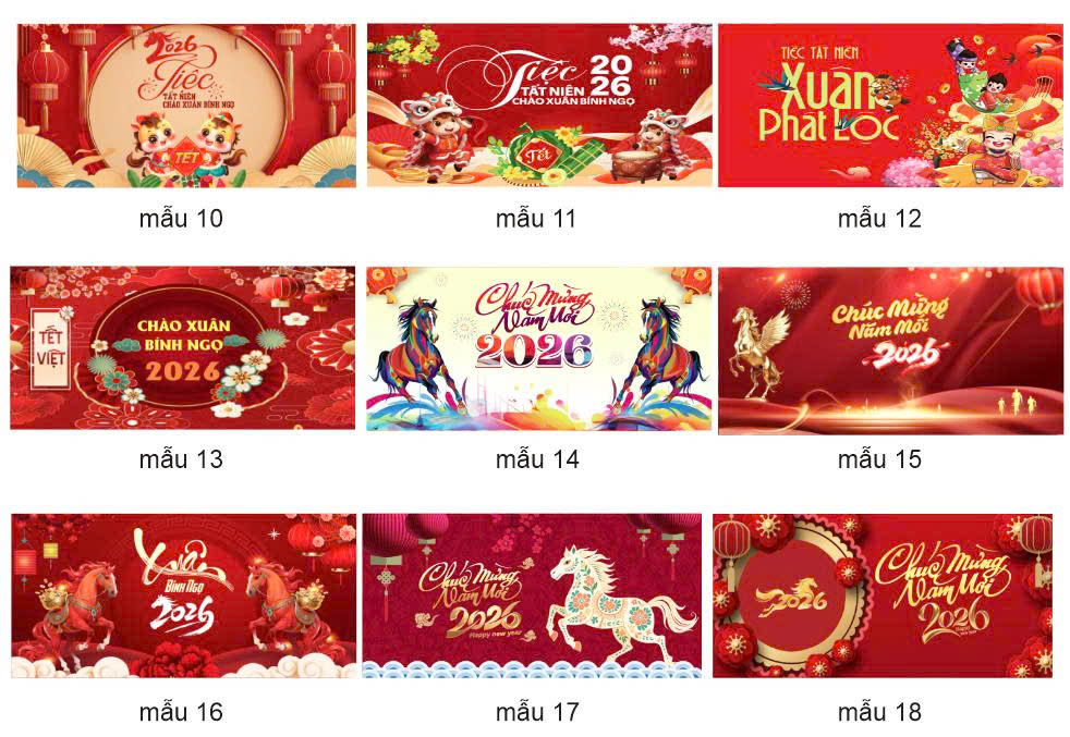 Backdrop tiệc tất niên 2026 chào năm mới Bính Ngọ, phông tất niên, tiệc cuối nă