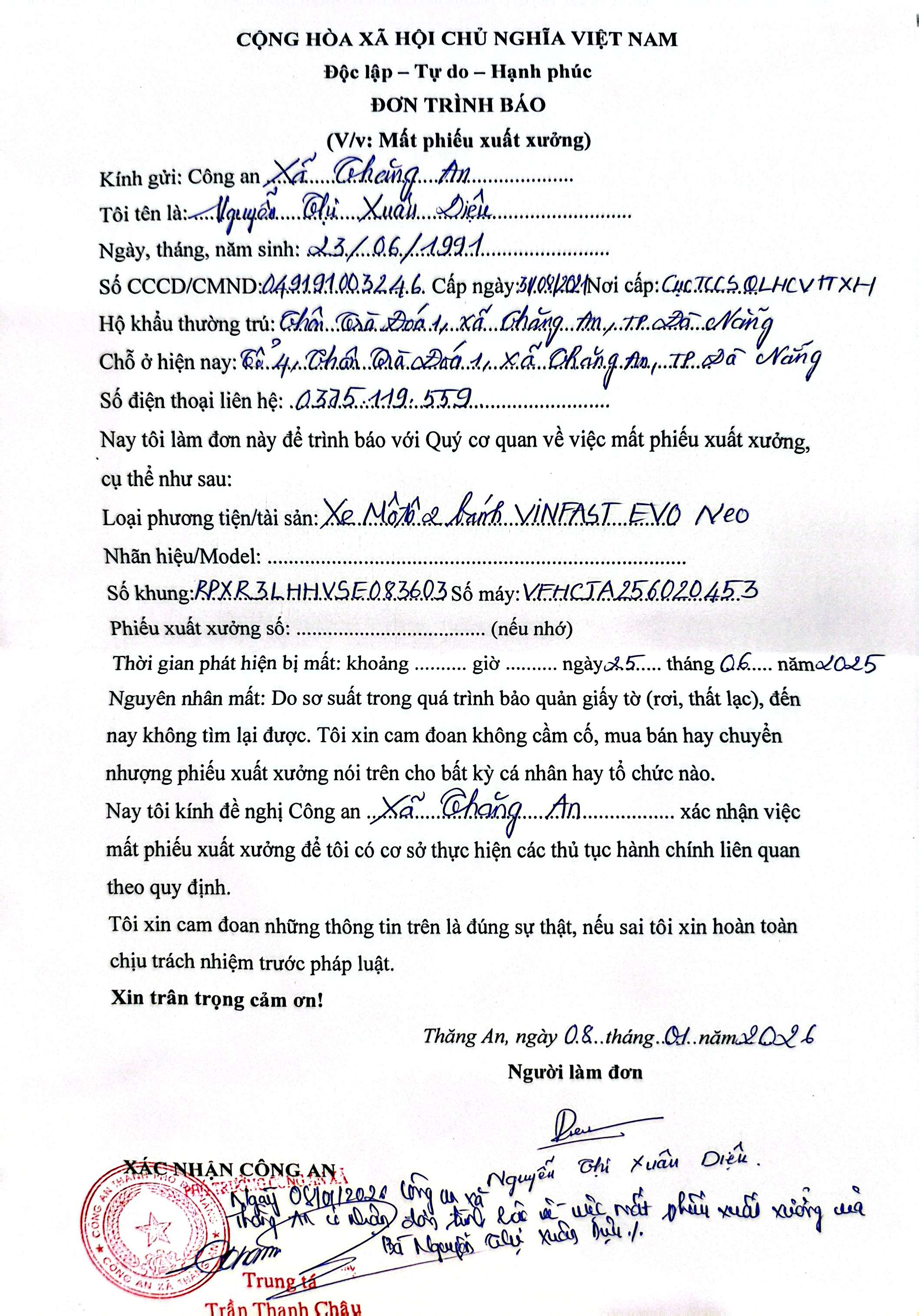 Đơn Trình Báo Tìm Giấy Tờ Xe