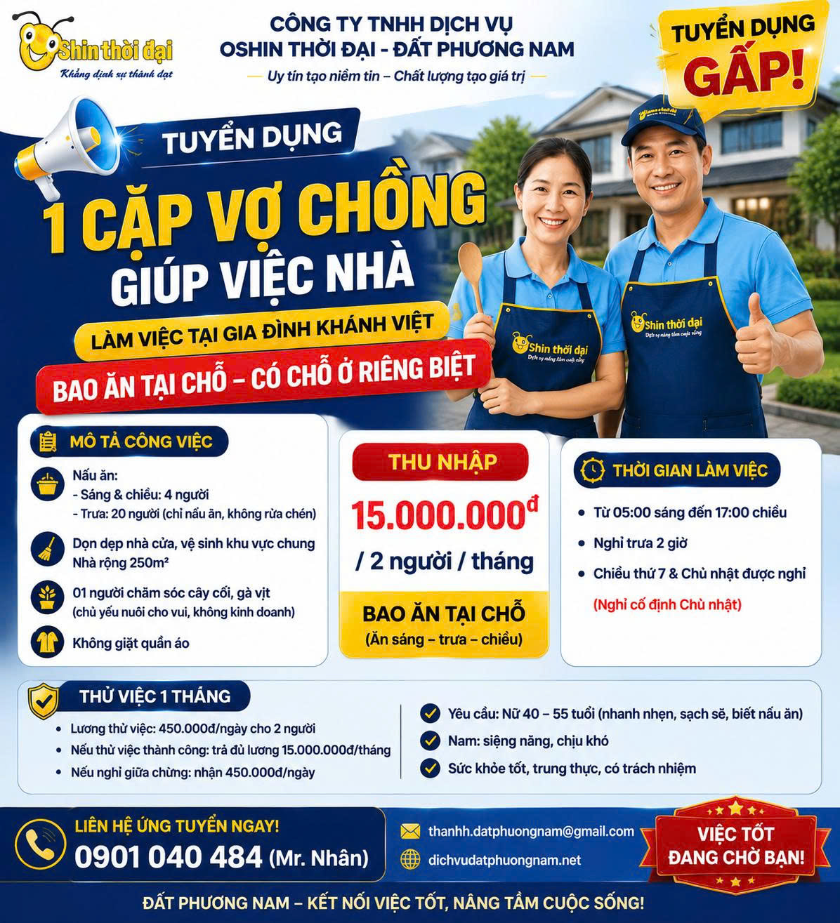 TUYỂN GẤP 1 CẶP VỢ CHỒNG GIÚP VIỆC NHÀ